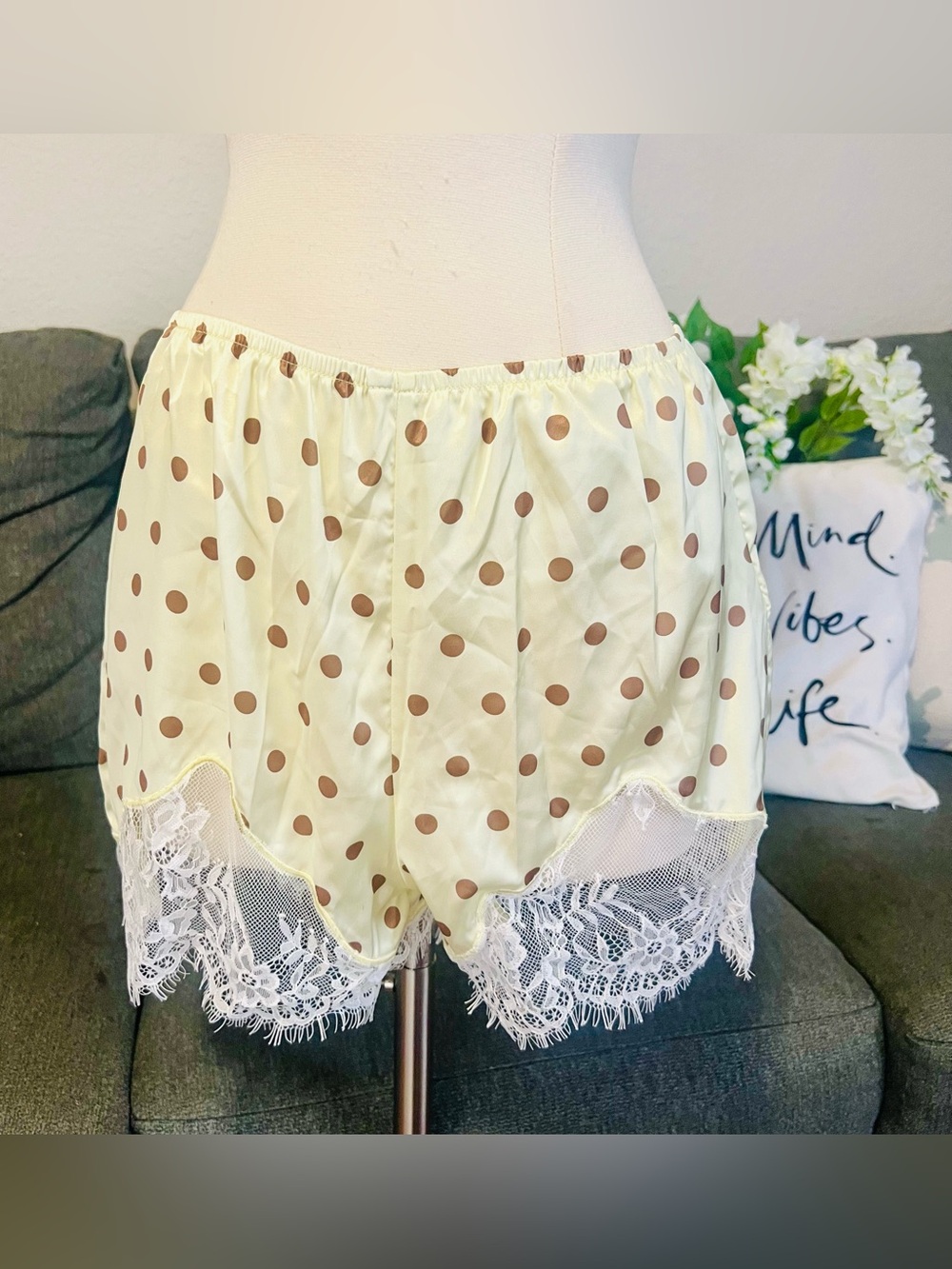 Pale Yellow Satin With Brown Polka Dot Lace Trim Shorts